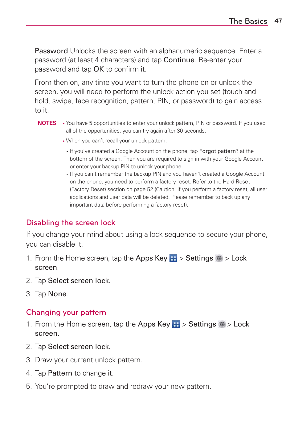 The basics, Disabling the screen lock, Changing your pattern | LG LGVS890 User Manual | Page 49 / 231