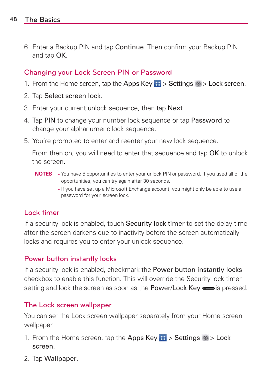 The basics, Changing your lock screen pin or password, Lock timer | Power button instantly locks, The lock screen wallpaper | LG LGVS890 User Manual | Page 50 / 231