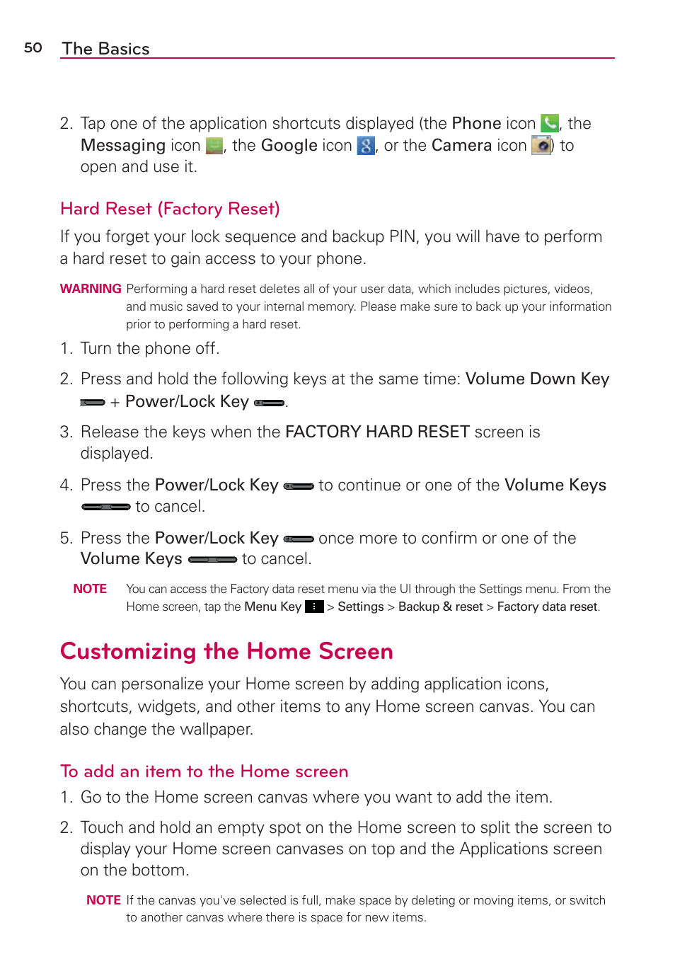 Customizing the home screen, The basics, Hard reset (factory reset) | LG LGVS890 User Manual | Page 52 / 231