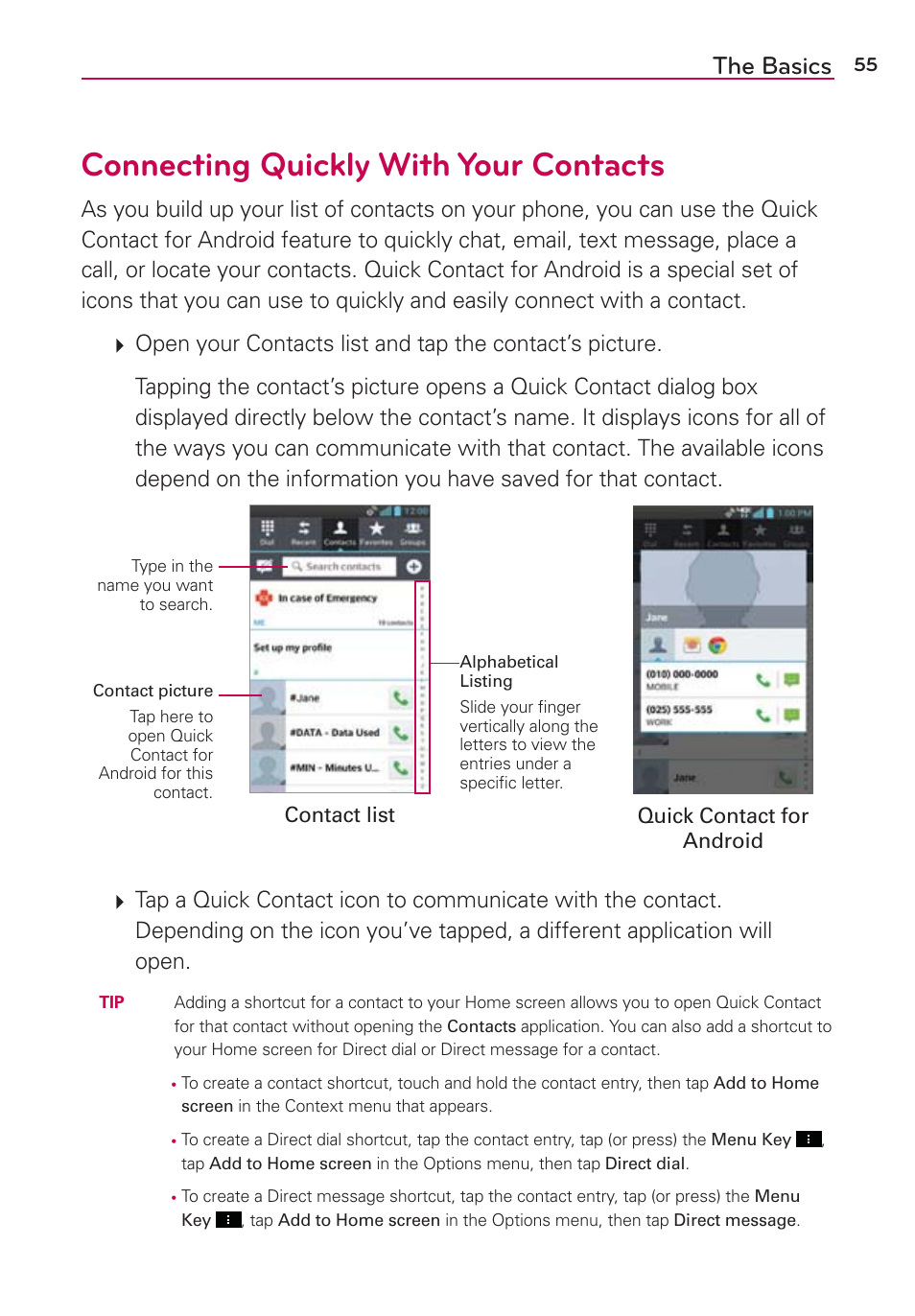 Connecting quickly with your contacts, The basics | LG LGVS890 User Manual | Page 57 / 231