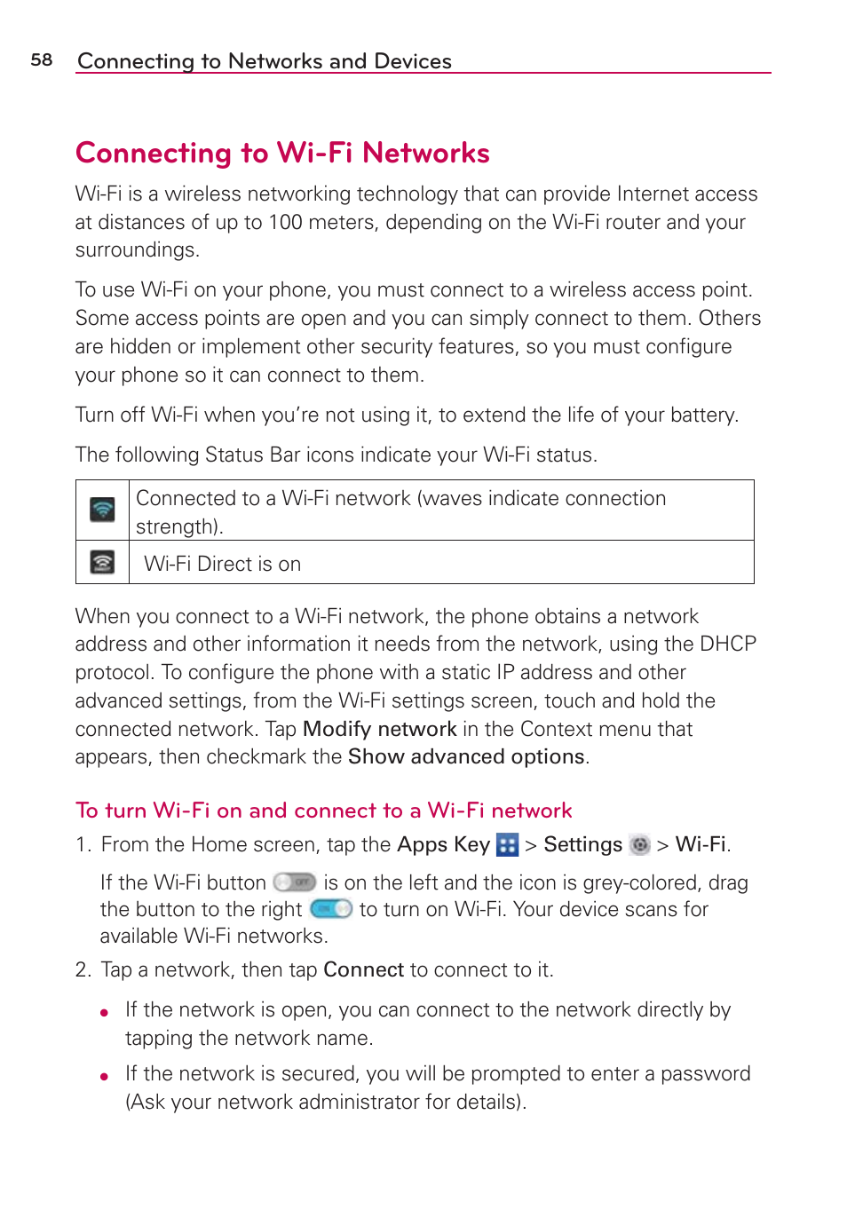 Connecting to wi-fi networks | LG LGVS890 User Manual | Page 60 / 231