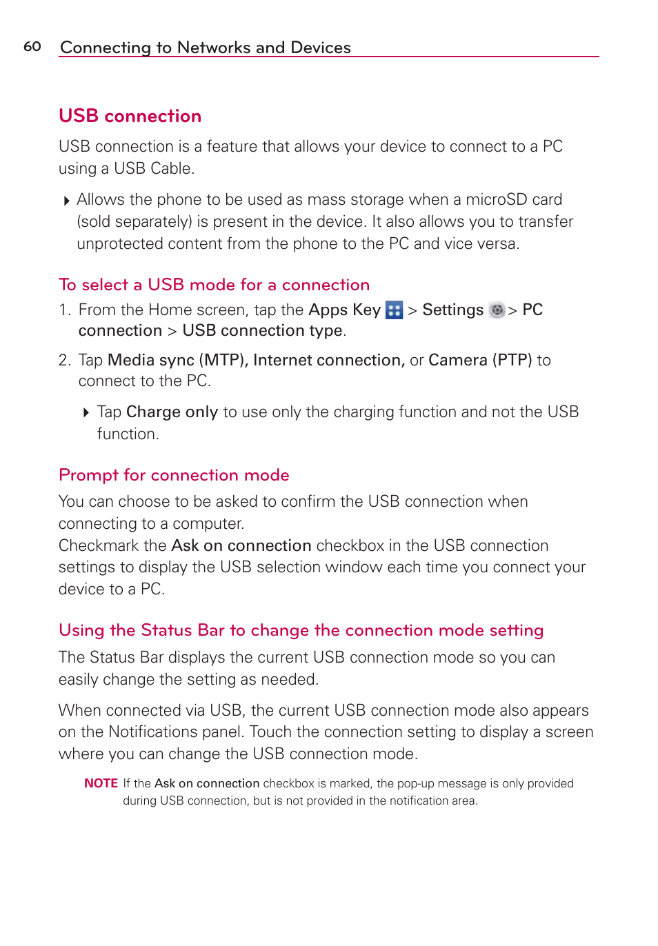 Usb connection | LG LGVS890 User Manual | Page 62 / 231