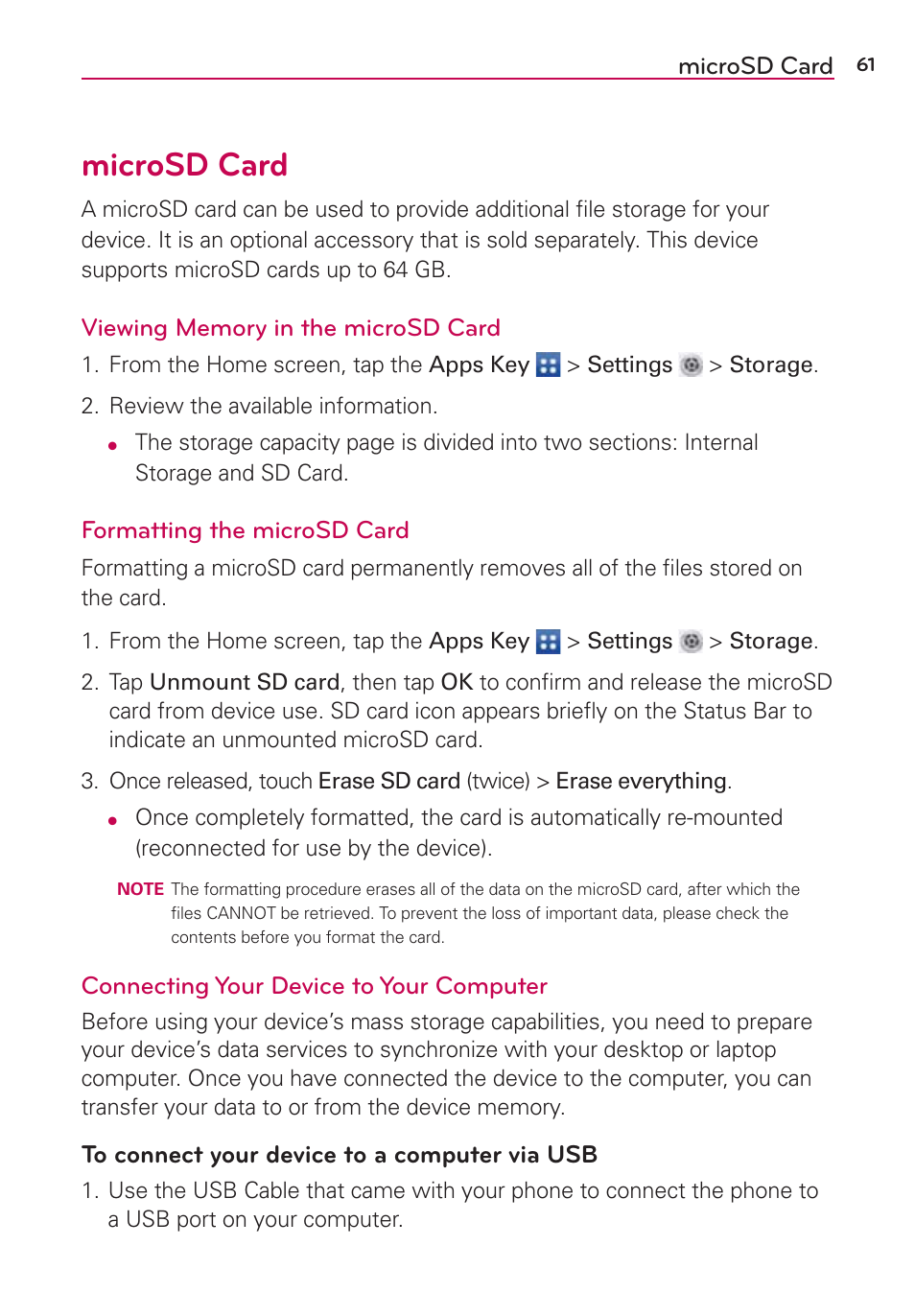 Microsd card, Formatting the microsd card, Connecting your device to your computer | LG LGVS890 User Manual | Page 63 / 231