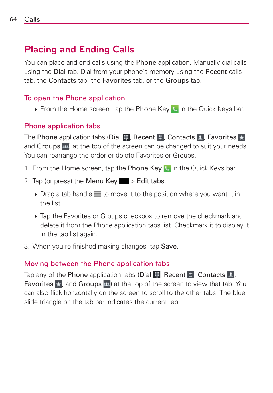 Calls, Placing and ending calls | LG LGVS890 User Manual | Page 66 / 231