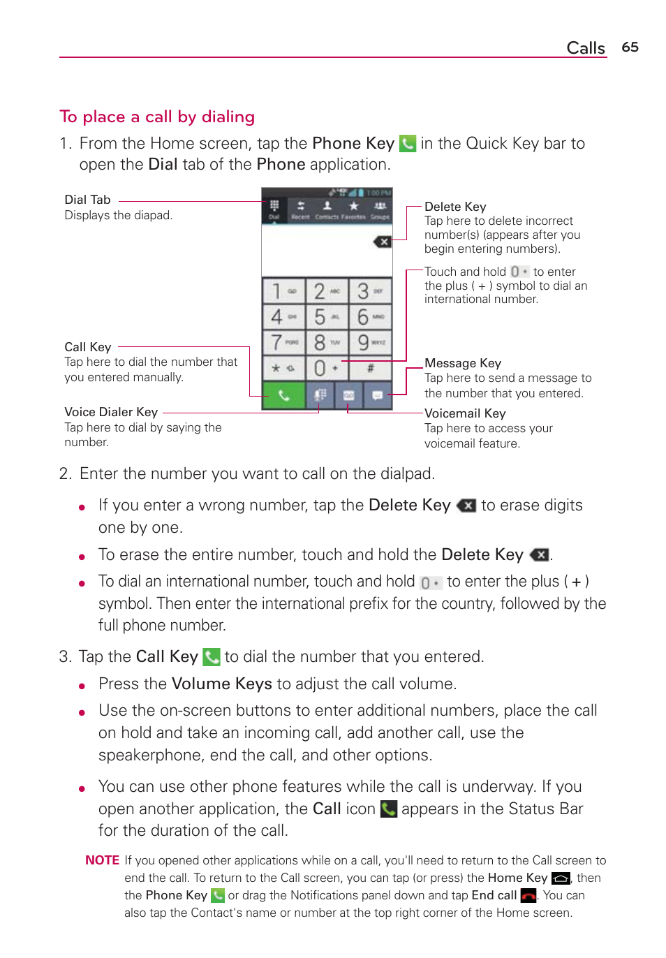 Calls to place a call by dialing | LG LGVS890 User Manual | Page 67 / 231