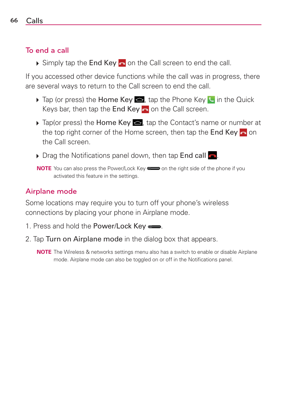 Calls to end a call, Airplane mode | LG LGVS890 User Manual | Page 68 / 231