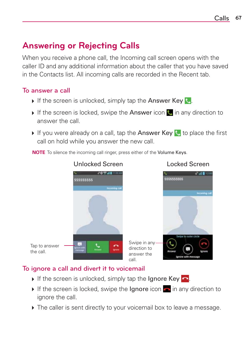 Answering or rejecting calls | LG LGVS890 User Manual | Page 69 / 231