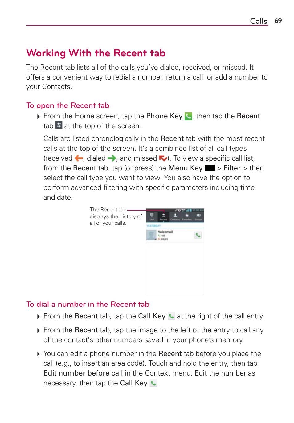 Working with the recent tab | LG LGVS890 User Manual | Page 71 / 231