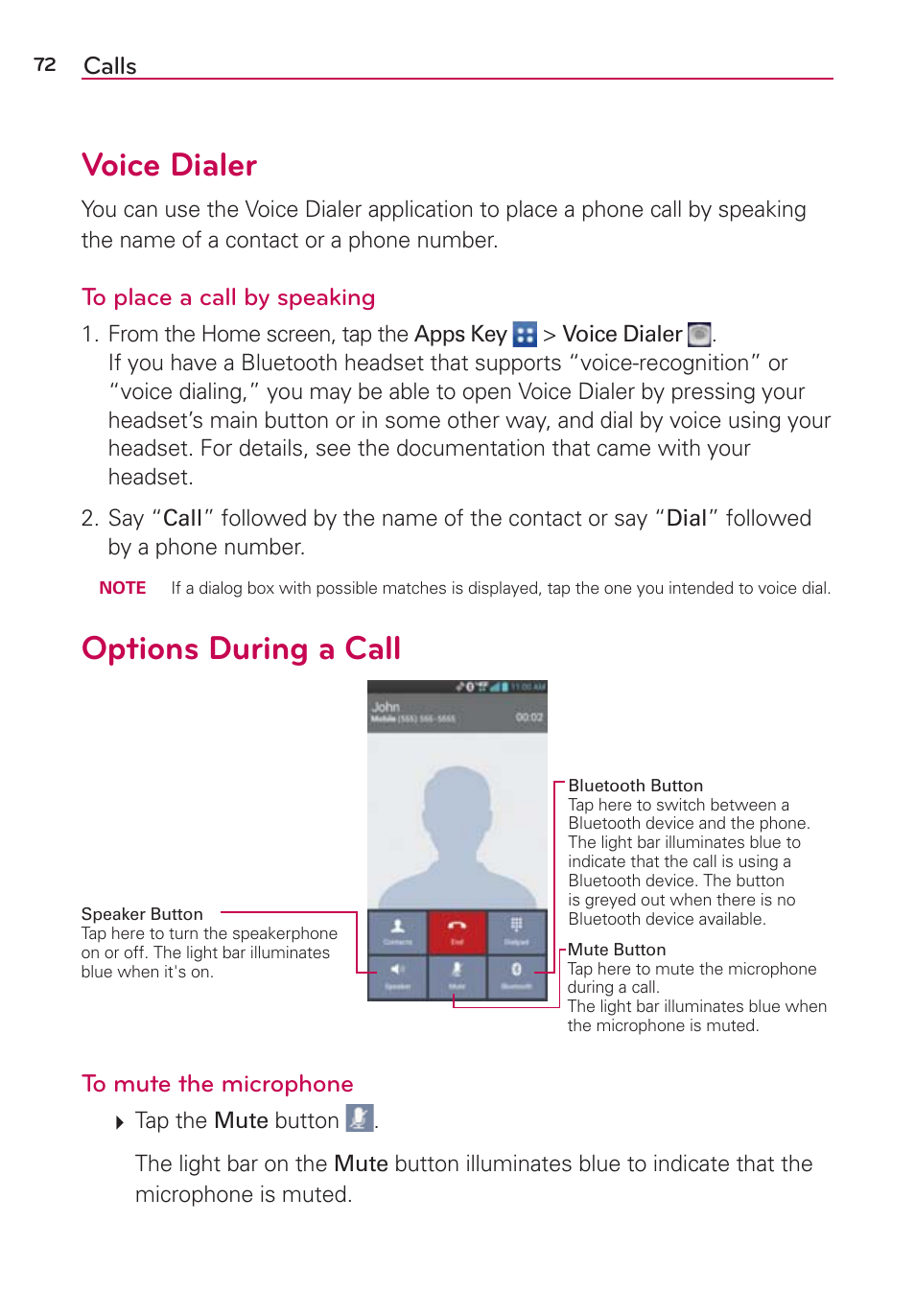Voice dialer, Options during a call, Voice dialer options during a call | LG LGVS890 User Manual | Page 74 / 231