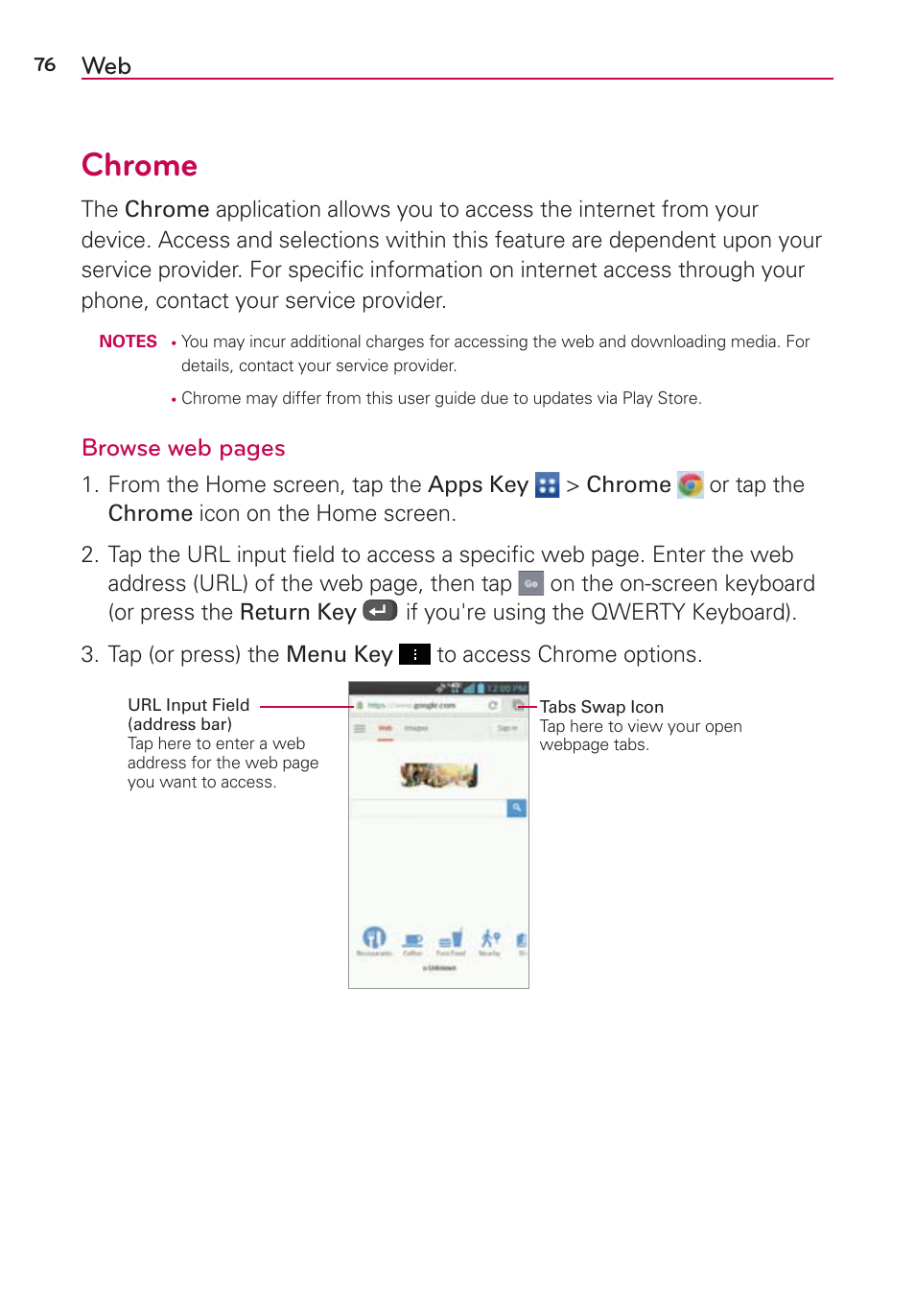 Chrome, Browse web pages | LG LGVS890 User Manual | Page 78 / 231