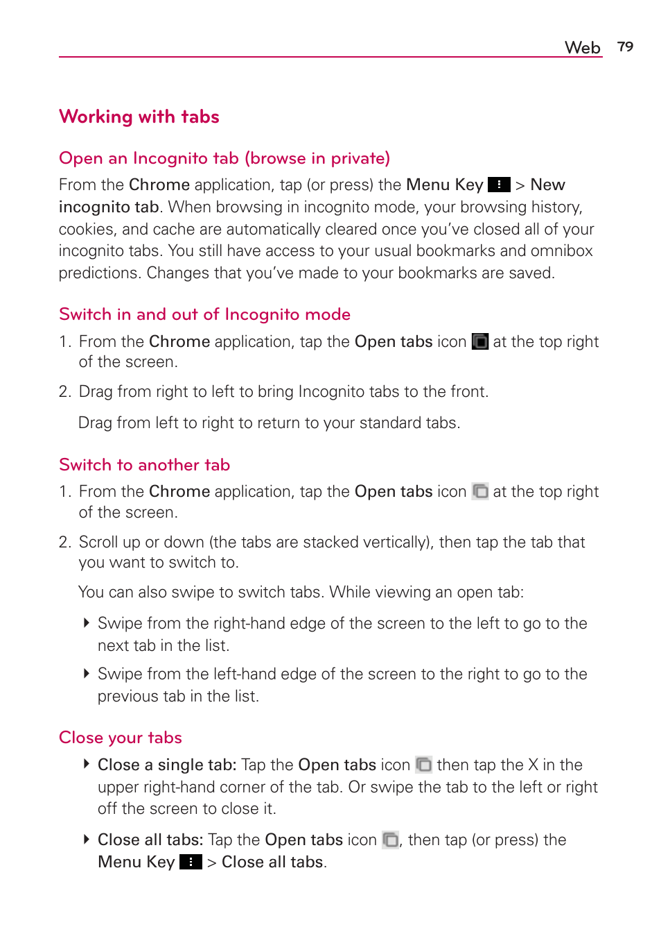 Working with tabs | LG LGVS890 User Manual | Page 81 / 231