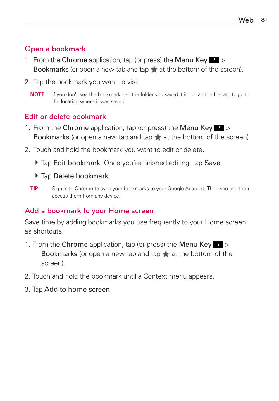 Web open a bookmark, Edit or delete bookmark, Add a bookmark to your home screen | LG LGVS890 User Manual | Page 83 / 231