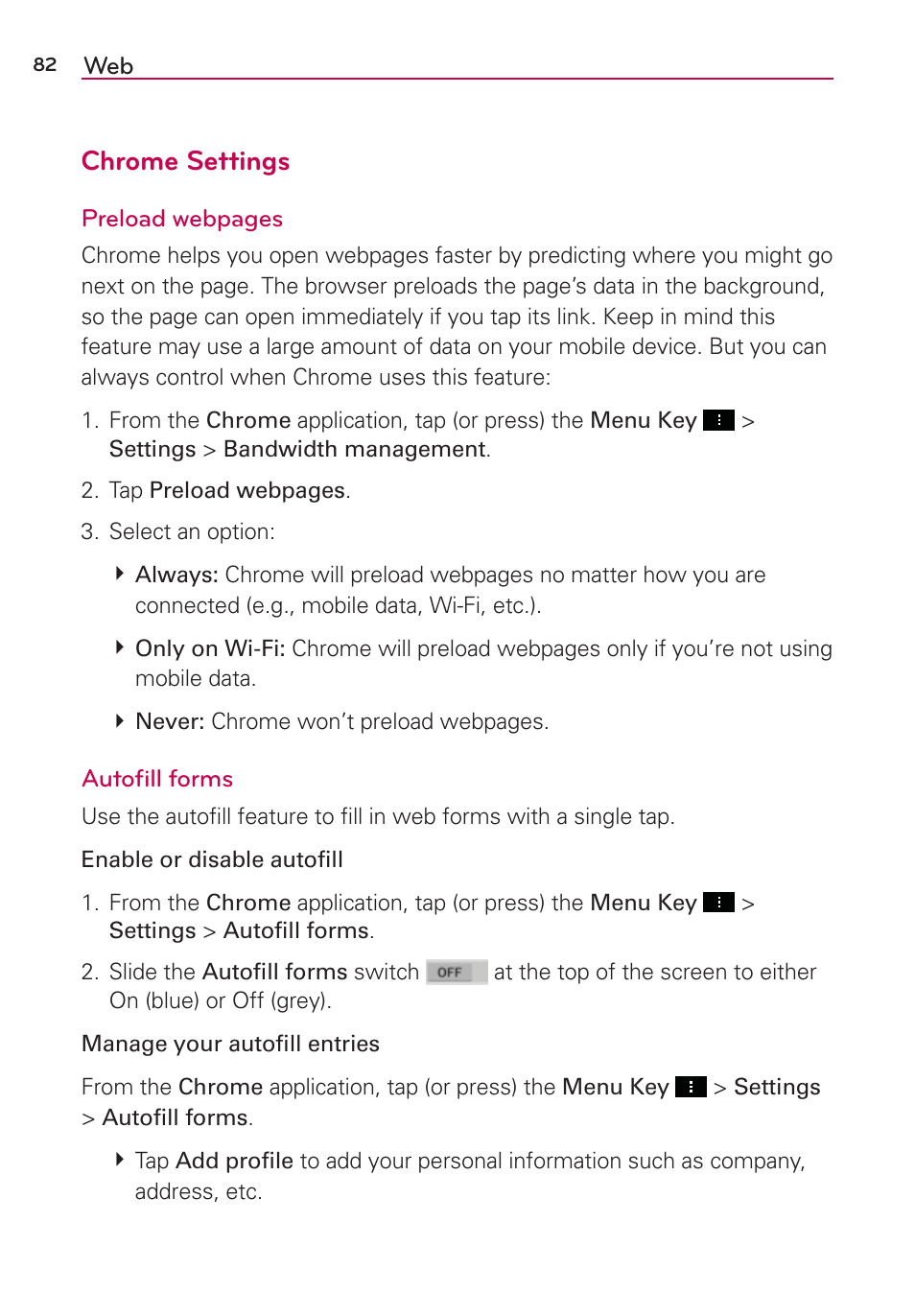 Chrome settings | LG LGVS890 User Manual | Page 84 / 231