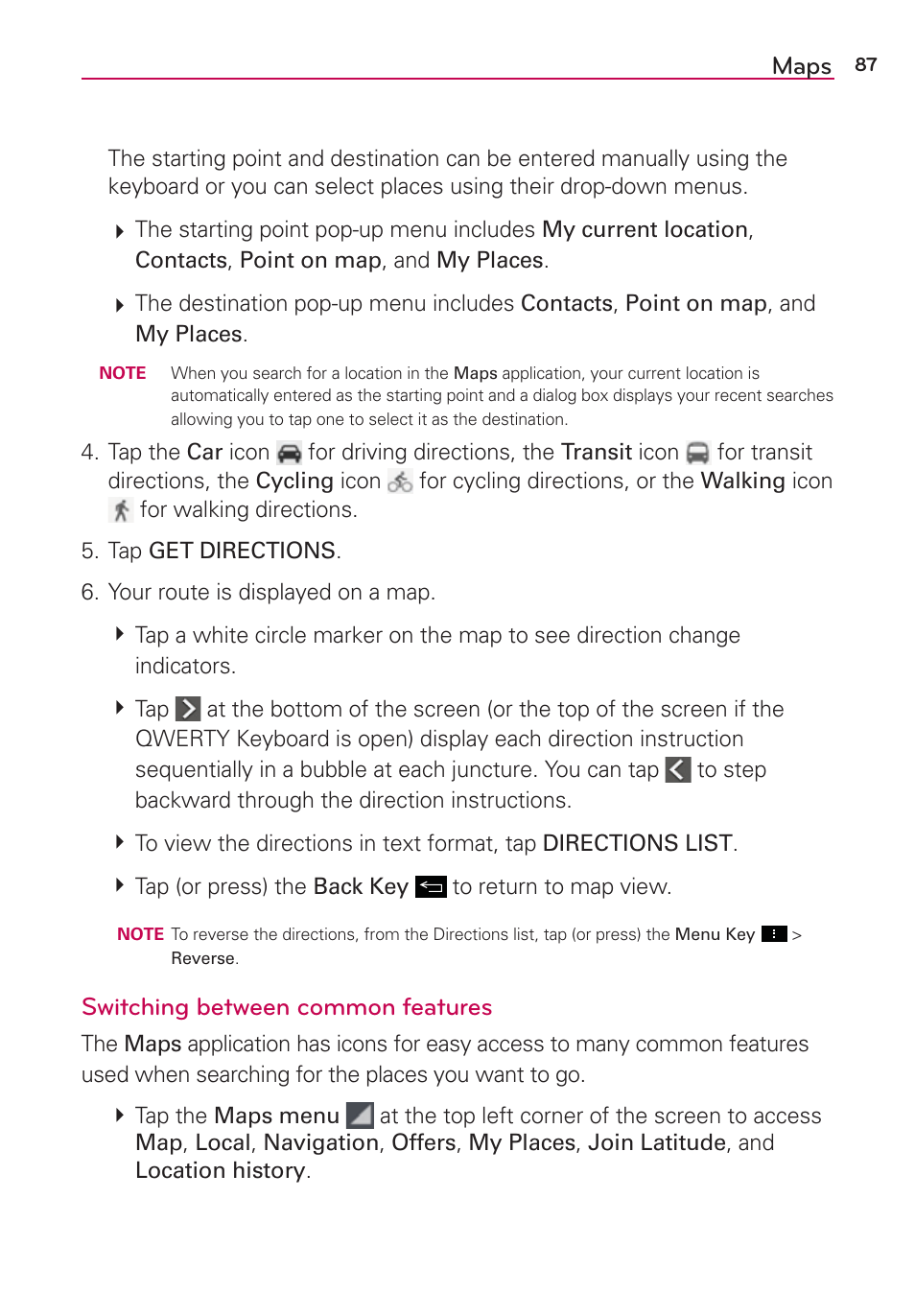 Maps, Switching between common features | LG LGVS890 User Manual | Page 89 / 231