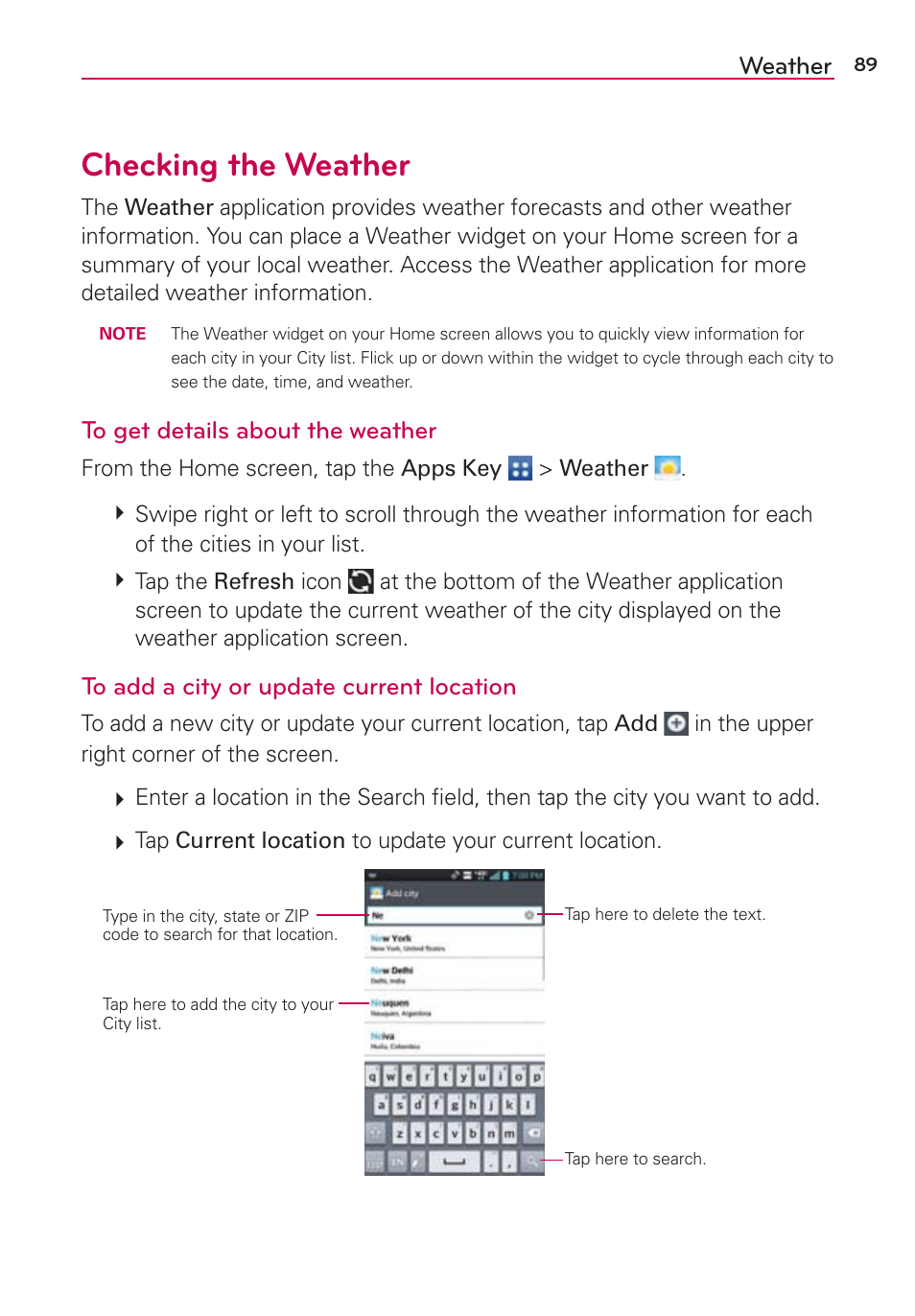 Weather, Checking the weather | LG LGVS890 User Manual | Page 91 / 231