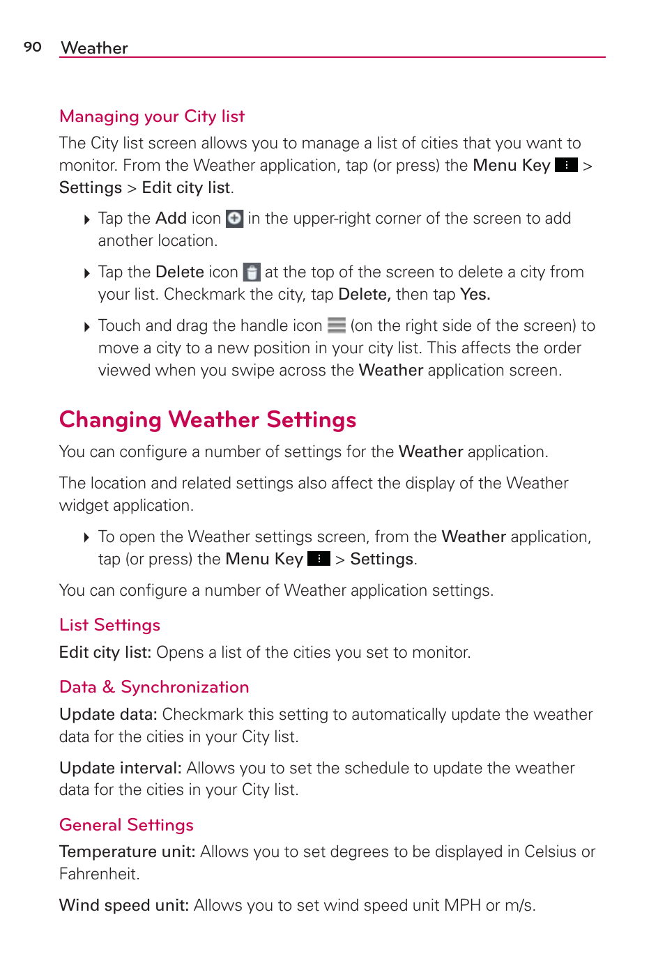 Changing weather settings | LG LGVS890 User Manual | Page 92 / 231