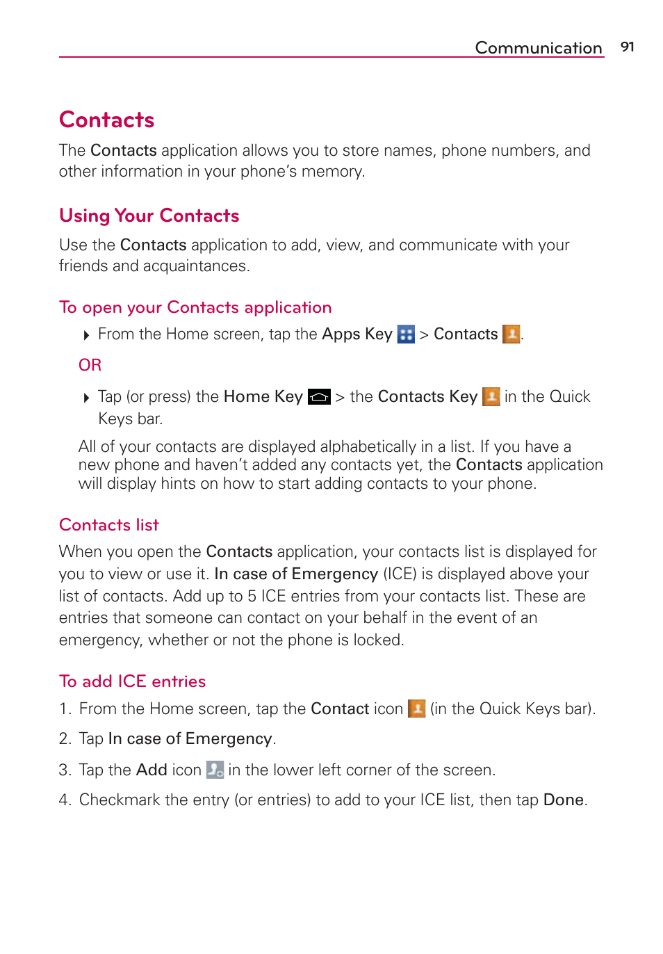 Communication, Contacts, Using your contacts | LG LGVS890 User Manual | Page 93 / 231