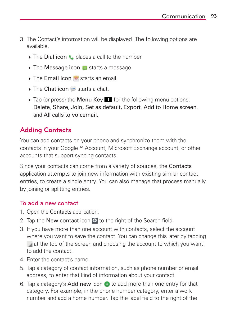 Adding contacts | LG LGVS890 User Manual | Page 95 / 231