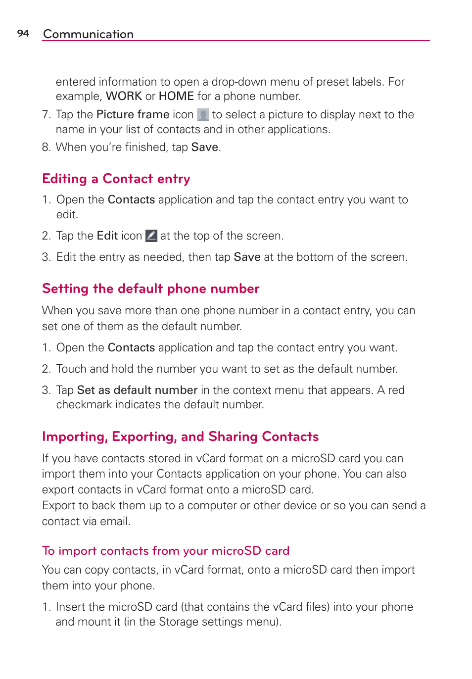 Editing a contact entry, Setting the default phone number, Importing, exporting, and sharing contacts | LG LGVS890 User Manual | Page 96 / 231