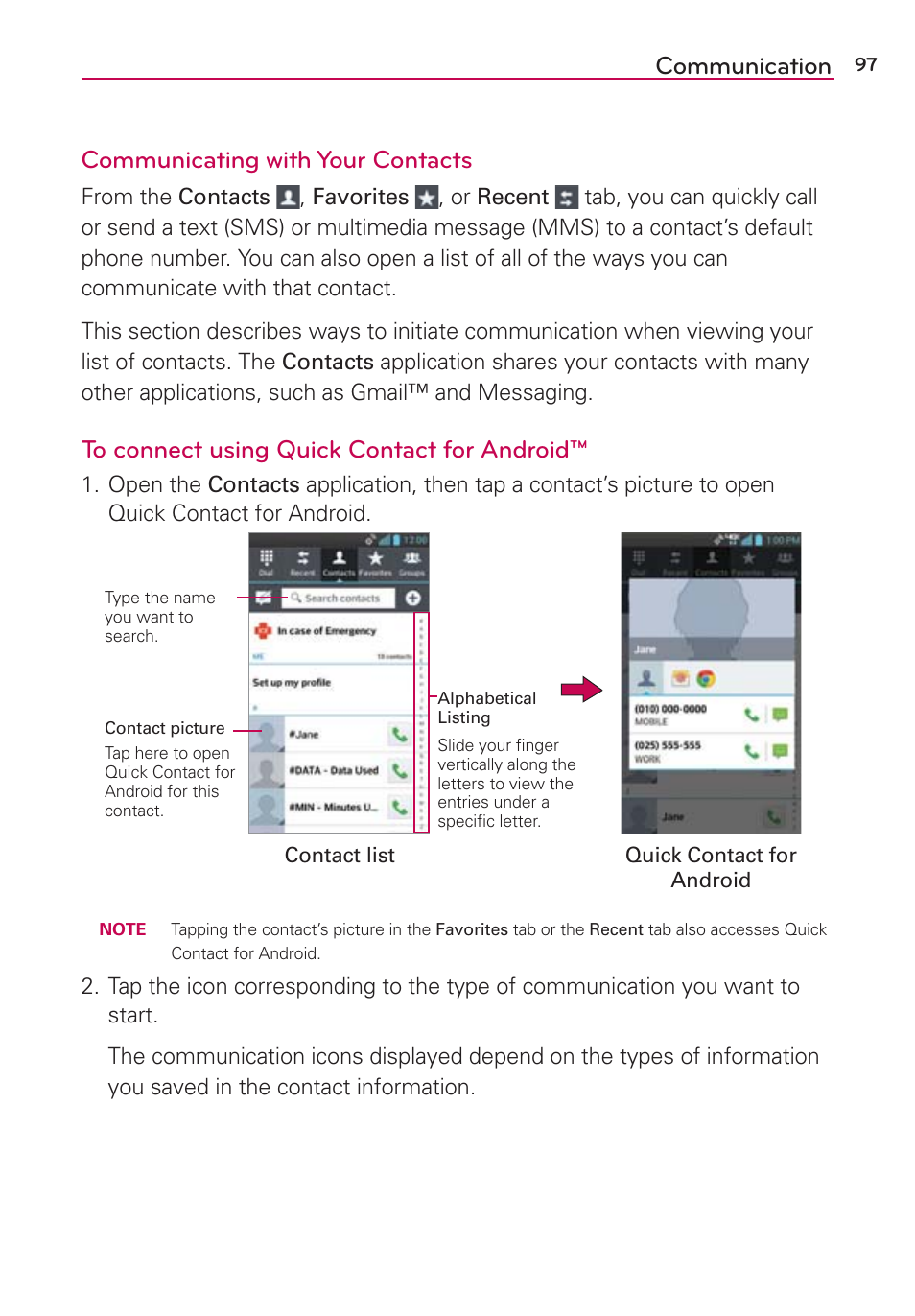 Communication communicating with your contacts | LG LGVS890 User Manual | Page 99 / 231