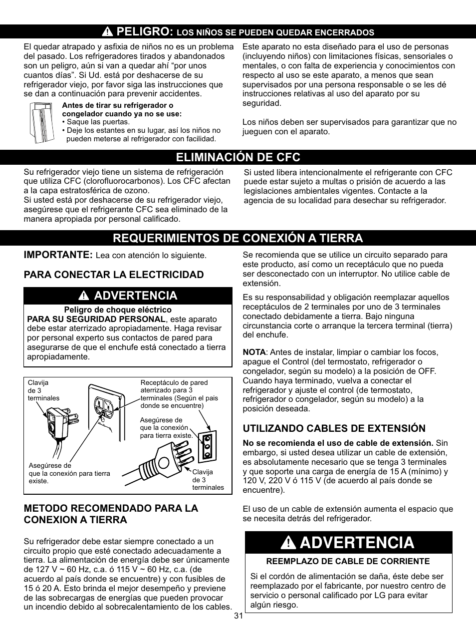 Peligro, Advertencia | LG LSC27910SB User Manual | Page 31 / 55