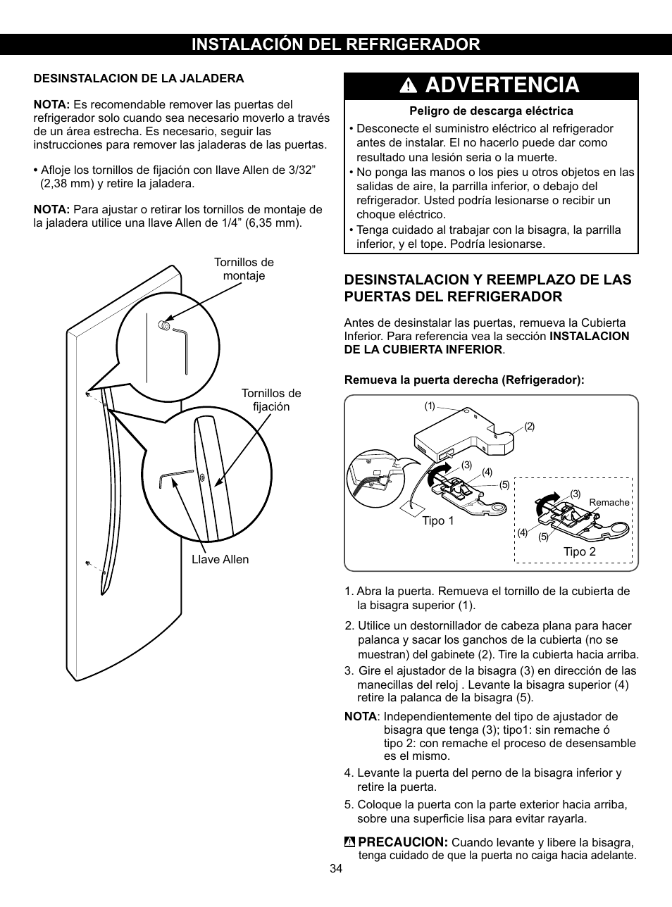 Advertencia, Instalación del refrigerador, Desinstalacion y reemplazo de las | Puertas del refrigerador | LG LSC27910SB User Manual | Page 34 / 55