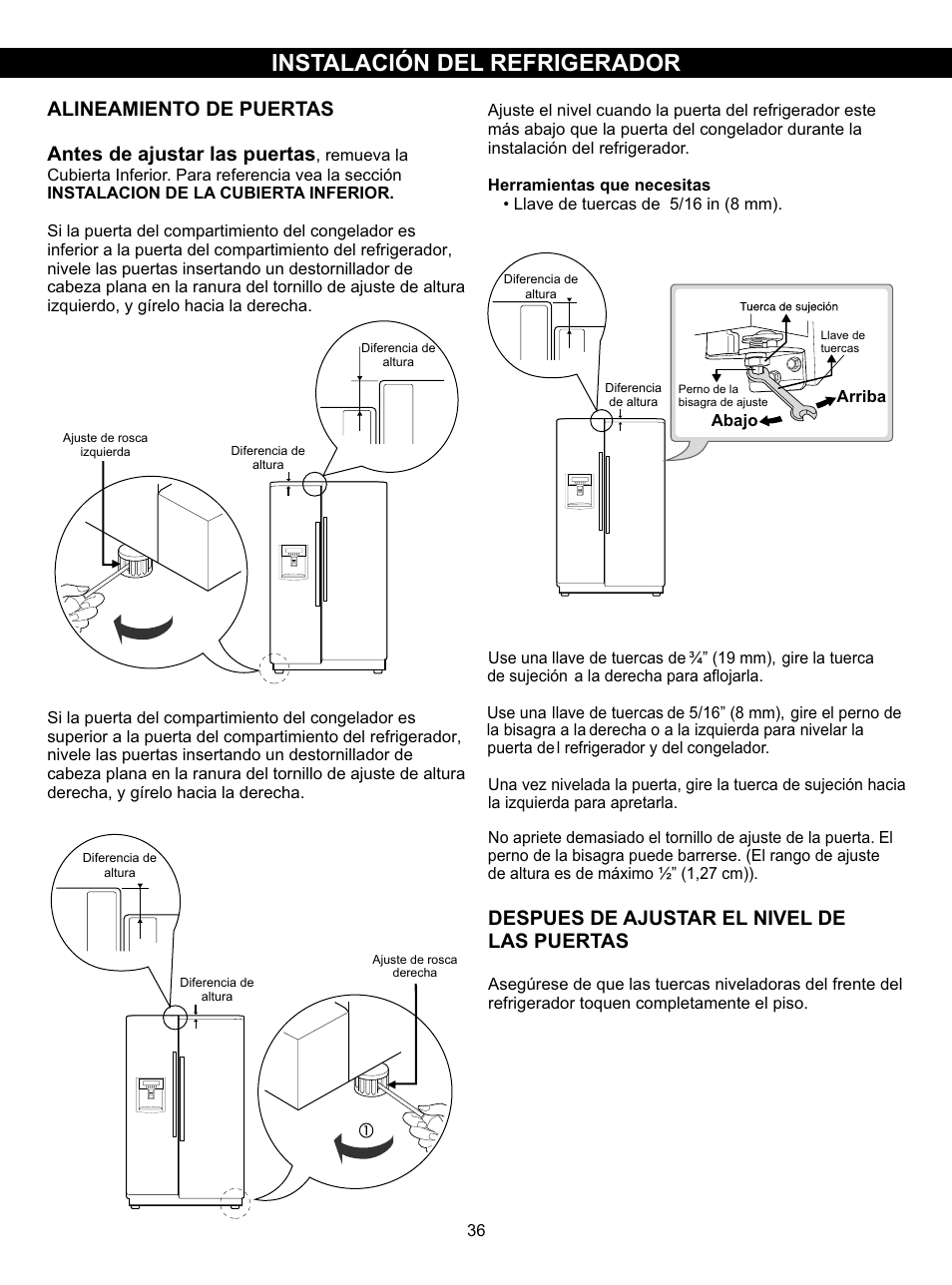 Despues de ajustar el nivel de las puertas | LG LSC27910SB User Manual | Page 36 / 55