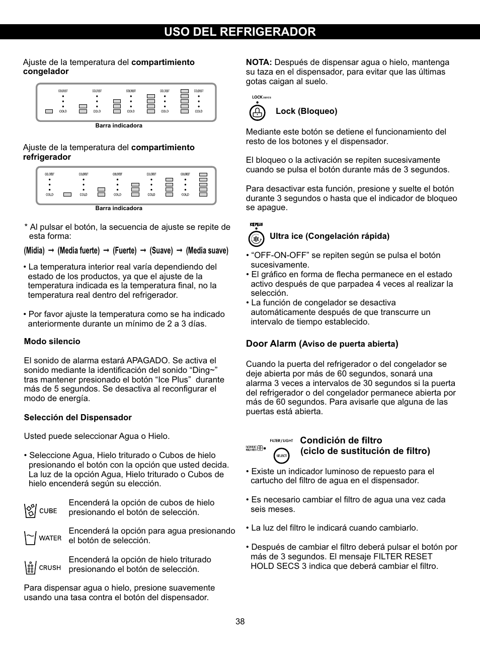 Refrigerator installation, Uso del refrigerador | LG LSC27910SB User Manual | Page 38 / 55