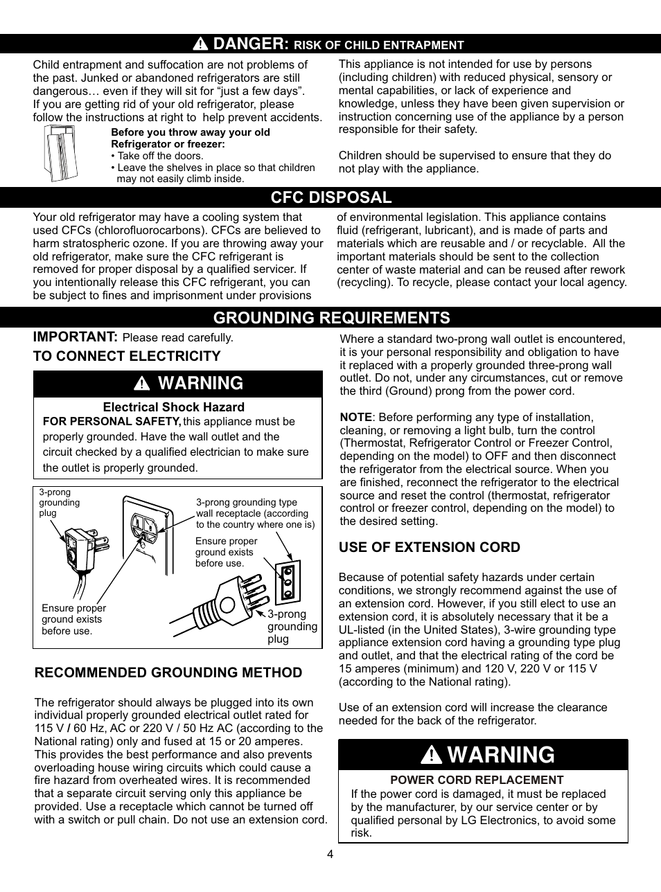 Warning, Danger, Cfc disposal grounding requirements | LG LSC27910SB User Manual | Page 4 / 55