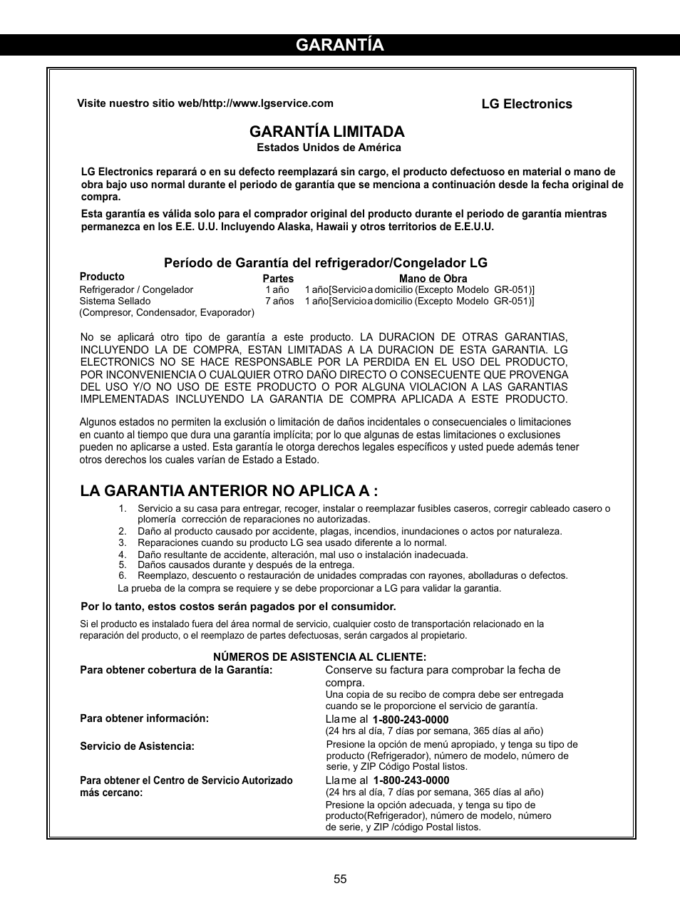 Refrigerator installation garantía, Garantía limitada, La garantia anterior no aplica a | LG LSC27910SB User Manual | Page 54 / 55