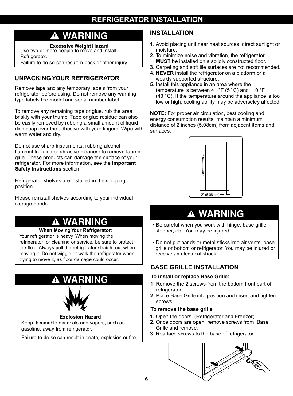 Warning, Refrigerator installation | LG LSC27910SB User Manual | Page 6 / 55