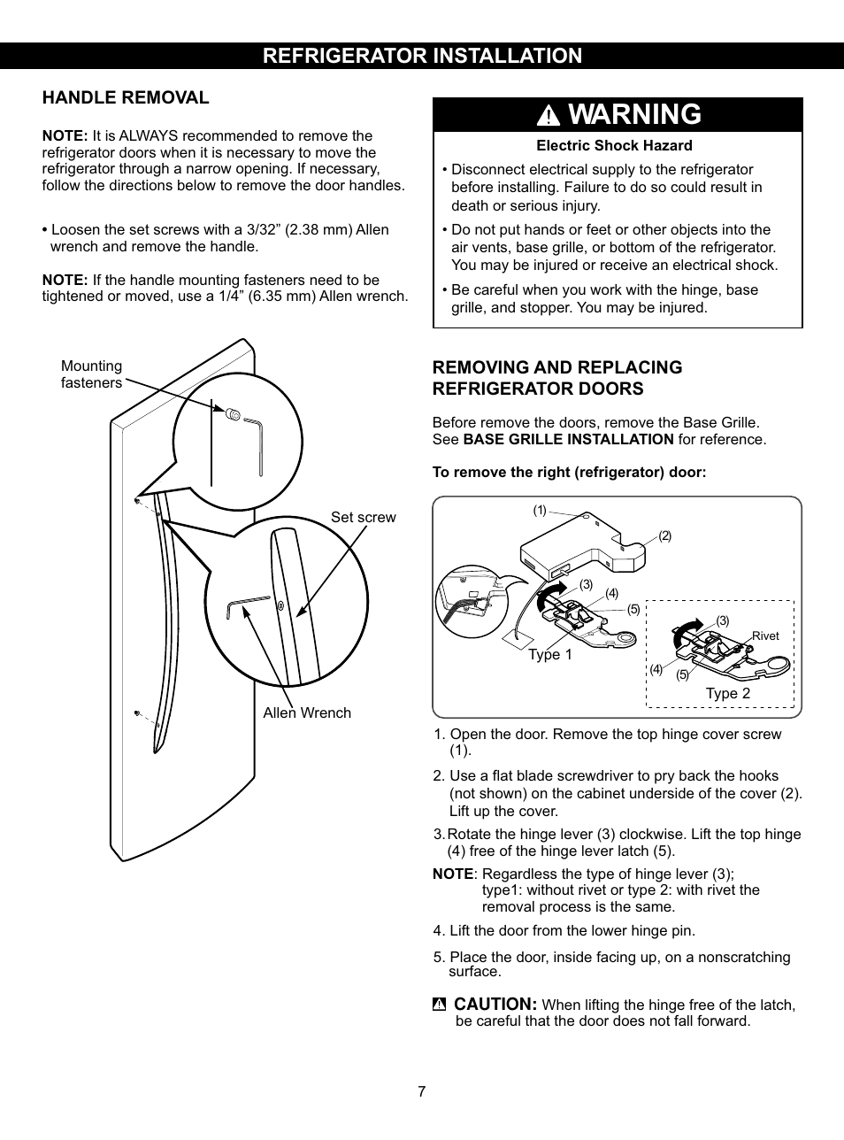 Warning, Refrigerator installation, Removing and replacing refrigerator doors | Handle removal | LG LSC27910SB User Manual | Page 7 / 55