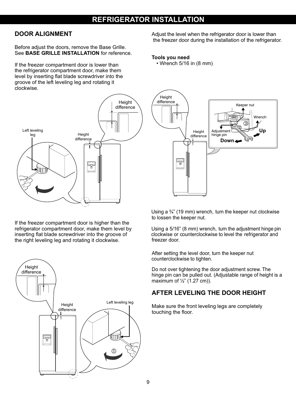 Refrigerator installation, Door alig nment, After leveling the door height | LG LSC27910SB User Manual | Page 9 / 55