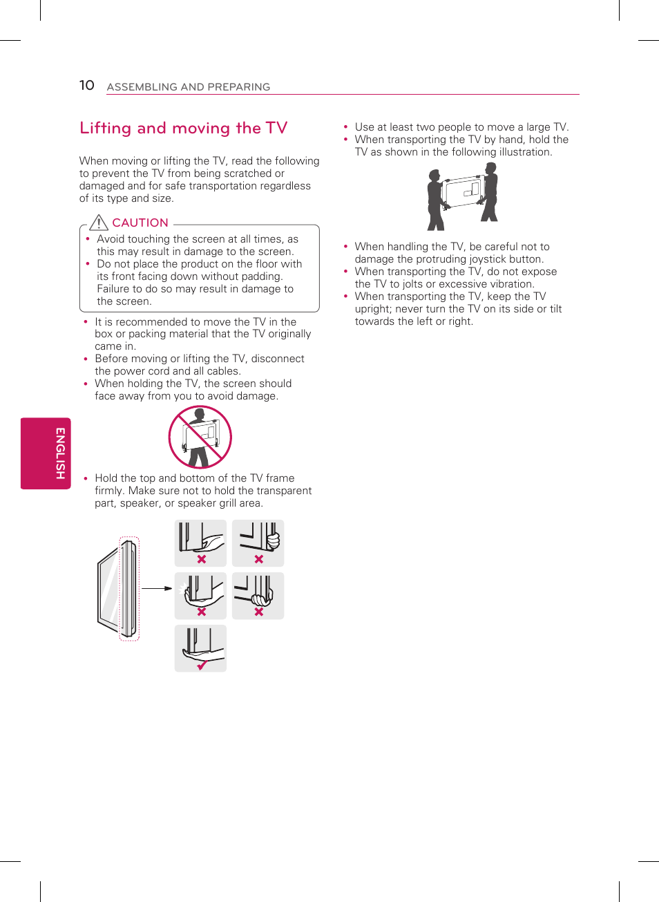 Lifting and moving the tv | LG 32LB5800 User Manual | Page 10 / 24