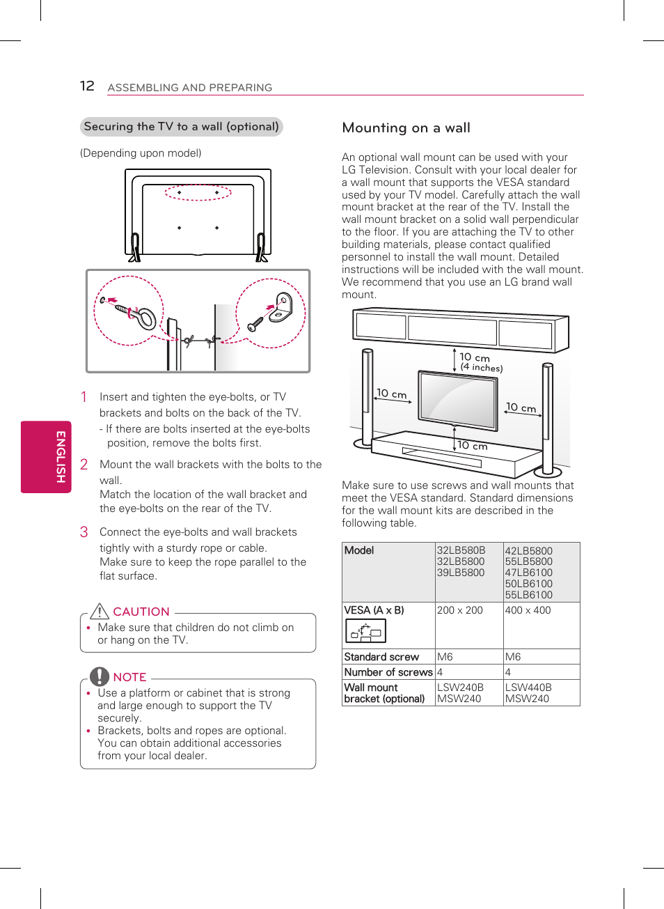 Mounting on a wall | LG 32LB5800 User Manual | Page 12 / 24