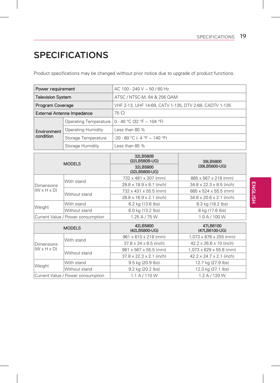 Specifications | LG 32LB5800 User Manual | Page 19 / 24