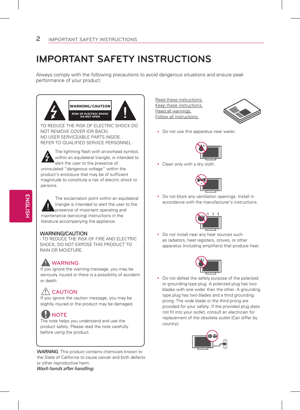 English, Warning, Caution | Important safety instructions, Warning/caution | LG 32LB5800 User Manual | Page 2 / 24
