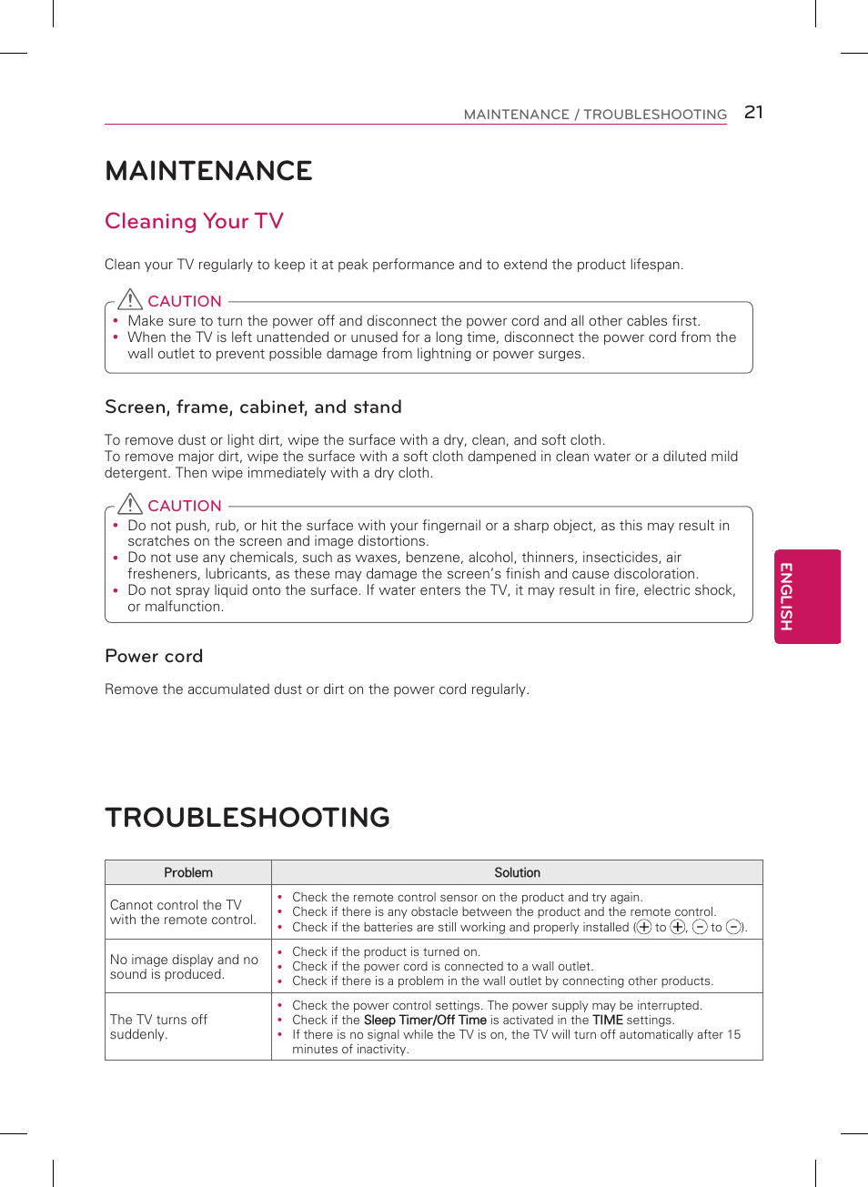 Maintenance, Troubleshooting, Cleaning your tv | Screen, frame, cabinet, and stand, Power cord | LG 32LB5800 User Manual | Page 21 / 24