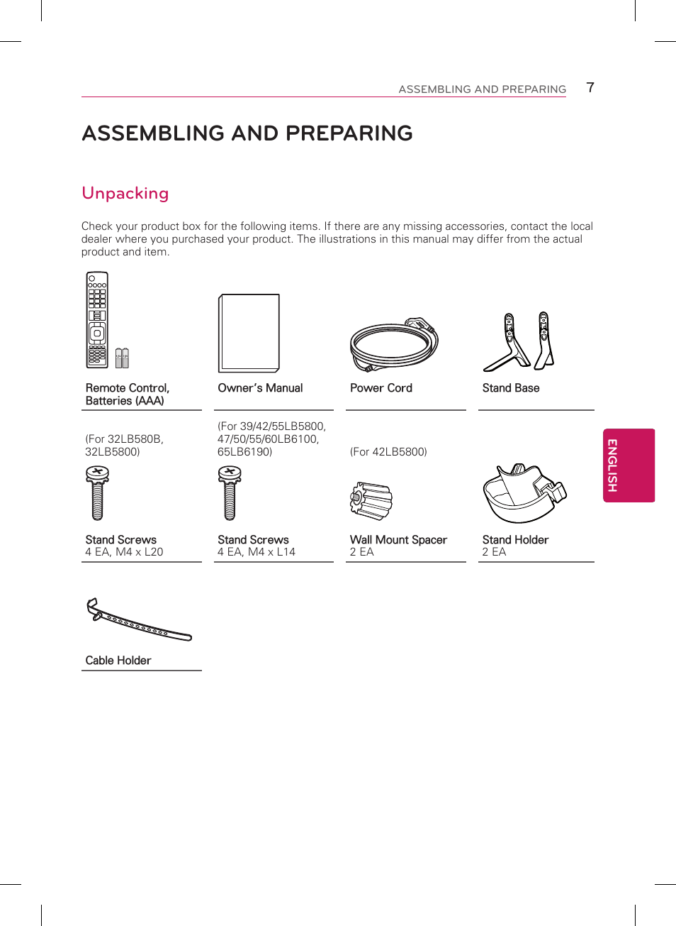 Assembling and preparing, Unpacking | LG 32LB5800 User Manual | Page 7 / 24