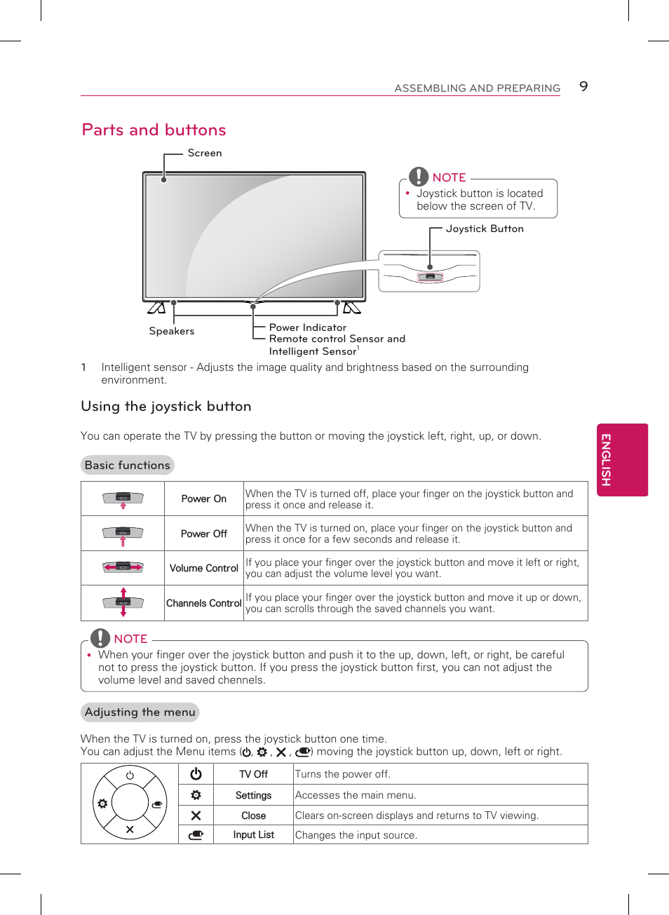 Parts and buttons, Using the joystick button | LG 32LB5800 User Manual | Page 9 / 24
