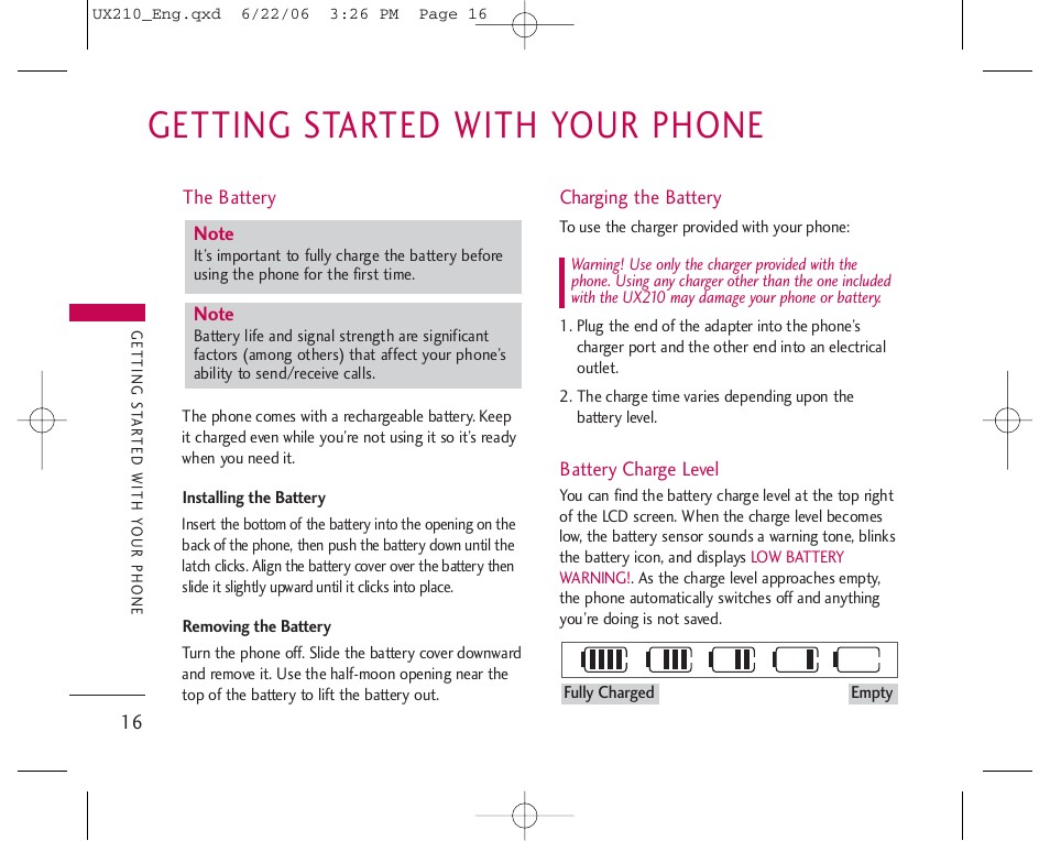 Getting started with your phone | LG LGUX210 User Manual | Page 16 / 96