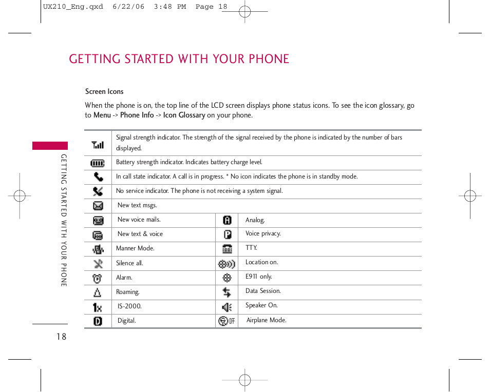 Getting started with your phone | LG LGUX210 User Manual | Page 18 / 96