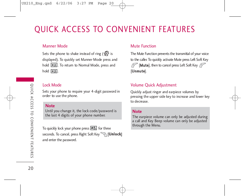 Quick access to convenient features | LG LGUX210 User Manual | Page 20 / 96