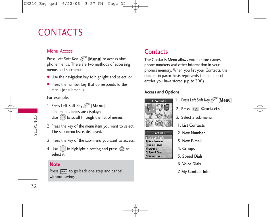 Contacts | LG LGUX210 User Manual | Page 32 / 96