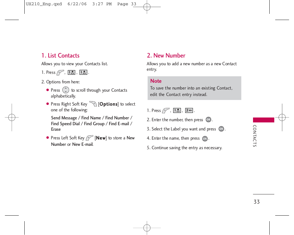 List contacts, New number | LG LGUX210 User Manual | Page 33 / 96