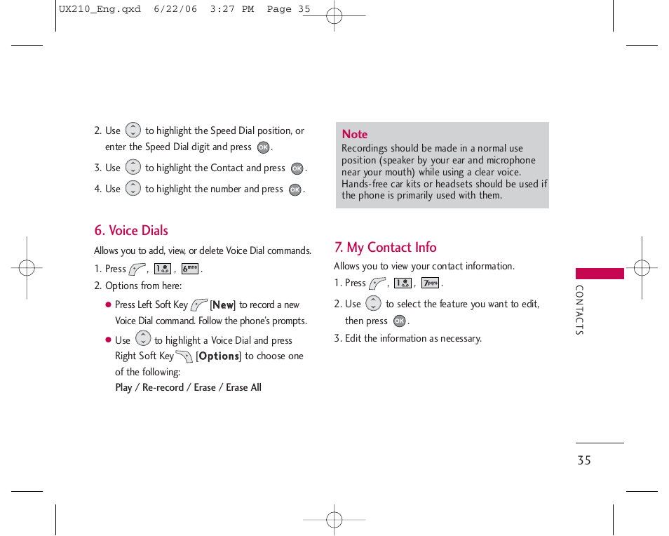 Voice dials, My contact info | LG LGUX210 User Manual | Page 35 / 96