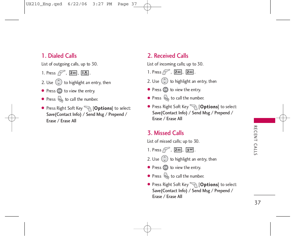 Dialed calls, Received calls, Missed calls | LG LGUX210 User Manual | Page 37 / 96