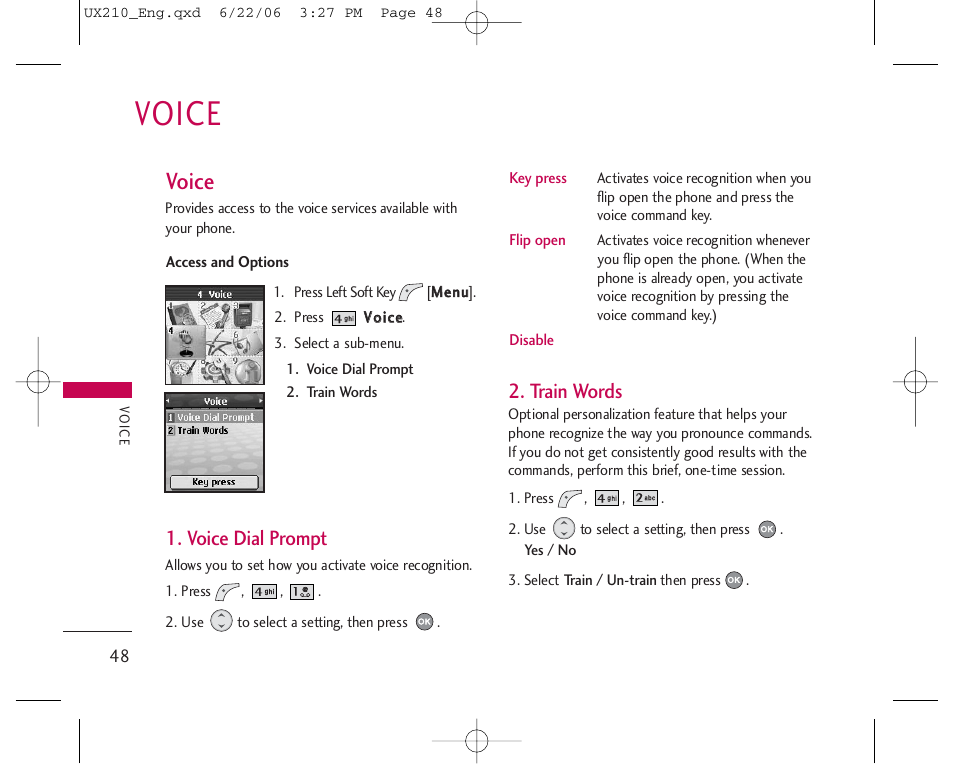 Voice, Voice dial prompt, Train words | LG LGUX210 User Manual | Page 48 / 96