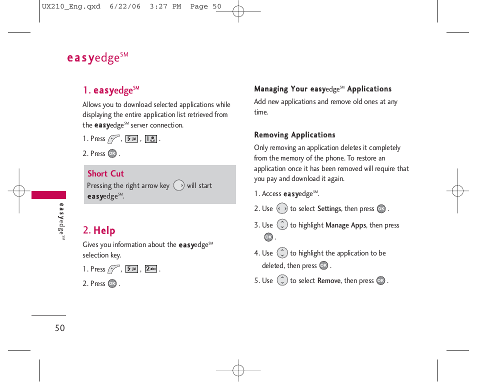 Ee aa ss yyedge, Eeaassyyedge, H heellp p | LG LGUX210 User Manual | Page 50 / 96