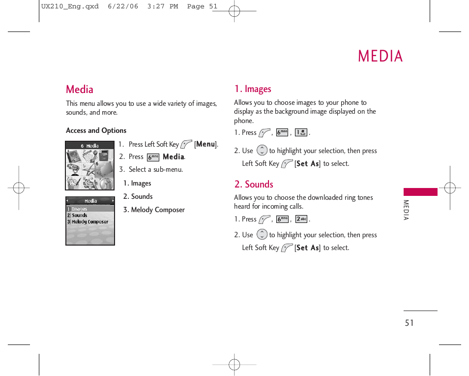 Media, Images, Sounds | LG LGUX210 User Manual | Page 51 / 96